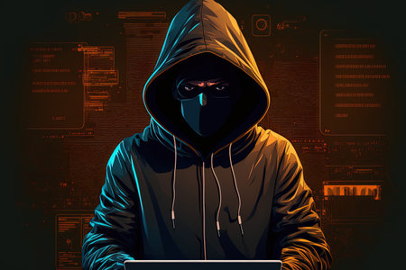 the hacker is wearing a black hoodie they are stealing large amounts of financial informationの素材
