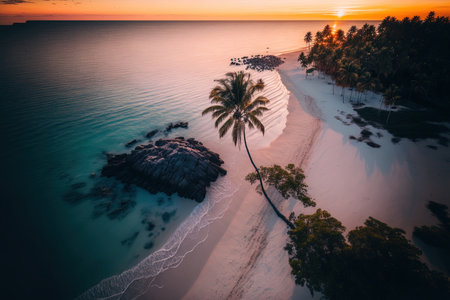 aerial picture of a stunning beach and the ocean with a coconut palm tree after sunsetの素材
