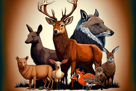 Red deer red fox bird rodent wild boar and other numerous European animals in a large solitary groupの素材