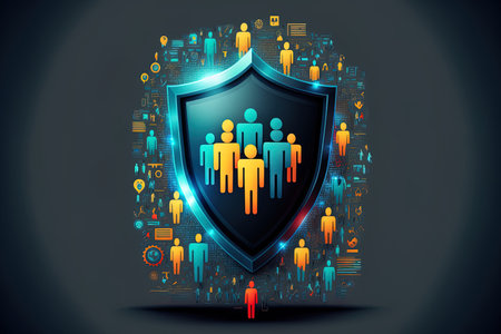 data or network protection business people press shield icon web button virus securityの素材