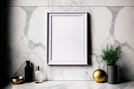 Mockup of a frame is hanging on the marble wall. Mockup frame for a poster. bare-bones photo mockupの素材