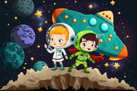 scenario in space with an extraterrestrial and an astronaut female standing on an asteroidの素材