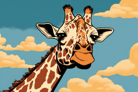 a close up of a giraffe with a beautiful sky in the backdropの素材