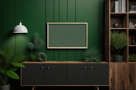 mock-up frame on wooden cupboards TV and decorations in a dull green roomの素材