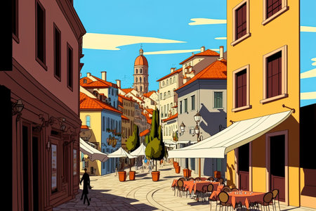 Modern boulevard in a European town with buildings housing cafes and shops depicted in a cartoon..の素材