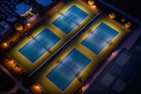 Aerial view of lit up outdoor blue tennis courts with pickleball lines taken in the eveningの素材