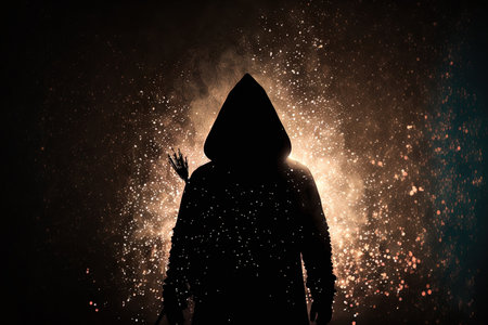 A hooded figure with a pitchfork and backdrop pyrotechnics may be seen in the silhouetteの素材