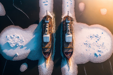 Aerial image of two icebreakers breaking ice on the Vistula River in Poland on February 18 2020の素材
