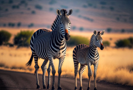 A mother zebra and her youngster are shown in a blurry photograph standing on the road.の素材