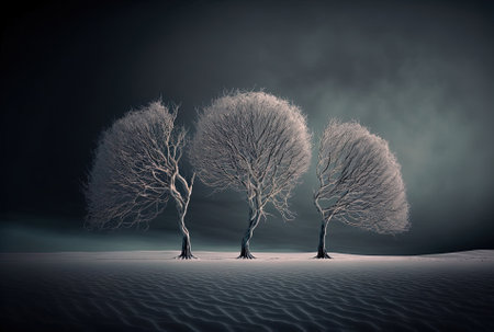 Beautiful photograph of three frozen trees growing in a snowy field with a dark sky in the distanceの素材