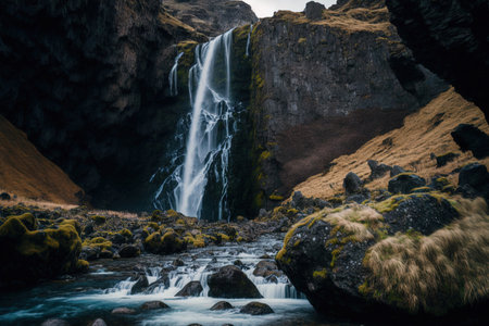 Beautiful waterfall on steep rocks photographed vertically from a low perspective in Icelandの素材