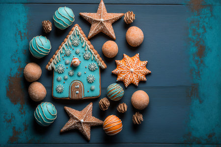 A wooden background painted Christmas blue with gingerbread cinnamon orange and ballsの素材