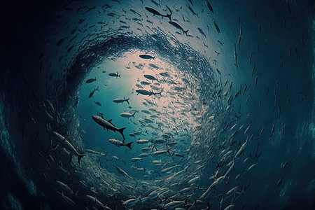 Fish colony fishing and ocean nature scene with many little fish in the sea below the surfaceの素材
