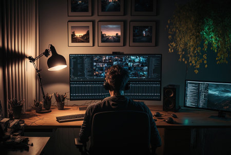 Back view of a content producer at night in his or her home office. video editor working from homeの素材