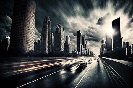 Asphalt roadway in motion blur and a contemporary metropolitan skyline with skyscrapersの素材