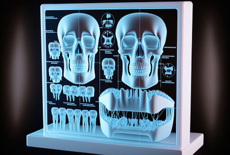 Detailed close up of a medical dental display with x ray pictures for tooth diagnosticsの素材