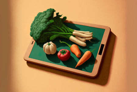 Digital tablet a mitt and vegetables on a wooden tray are all shown against a beige backdrop.の素材