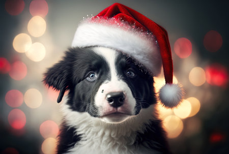 A cute border collie puppy wearing a red glitter Santa Claus cap is celebrating Christmasの素材