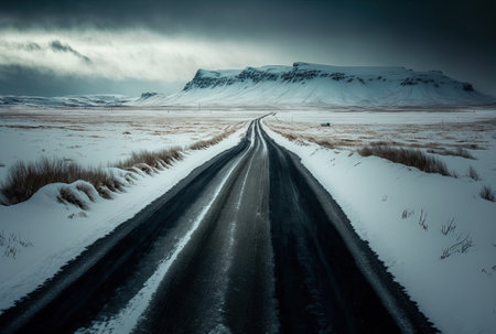A terrifying scene of an unpaved rural road in Iceland passing across fields blanketed with snowの素材