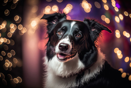 Border collie dog in holiday portrait happy while surrounded by lights and decorationsの素材