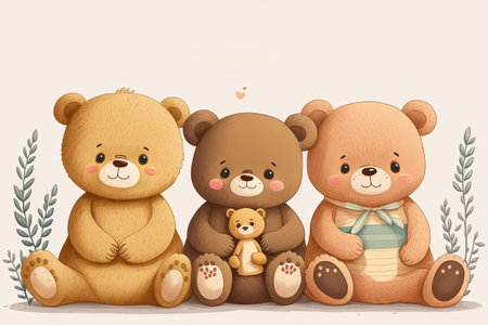 Bear doll friends sitting cross legged with a friendly sloganの素材