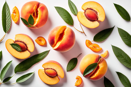 Background of peach fruit in summer. Juicy ripe peaches on a white backdrop. Copy spaceの素材