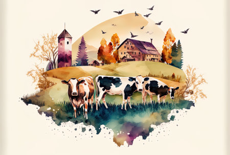 Abstract rural scene with a settlement and cows. Wheat fields and meadows in a watercolor style artの素材