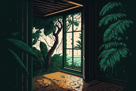 Illustration of a barren room with a big window overlooking a wooden patio and a green tropical treeの素材