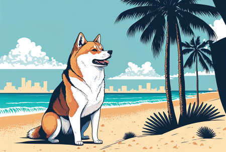 Beautiful Akita Inu dog enjoying a bright beach day with palm trees and his love of travelの素材