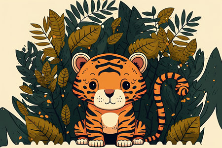 Cute tiger created by hand. Cute cartoon tiger with striped background hand drawn imageの素材