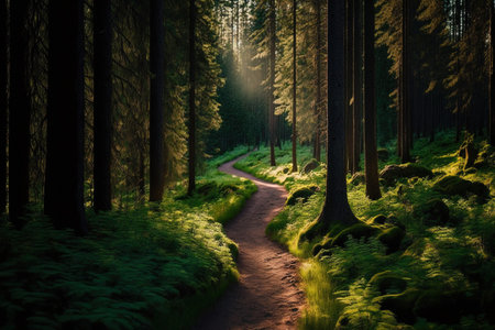 During the day a path through a forest with grass and trees is illuminated by the sunの素材