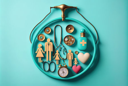 Health insurance concept with a top view of a stethoscope and a family of icons on a cyan backdropの素材