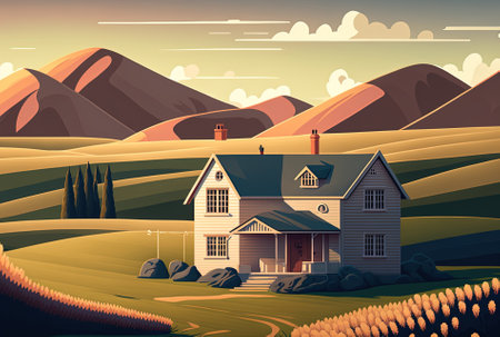 Gorgeous image of a rural home in the center of a field surrounded by hills in the absence of cloudsの素材