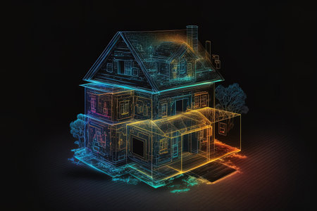 Hologram of an abstract luminous home on a black backdrop. AI information and smart house ideaの素材