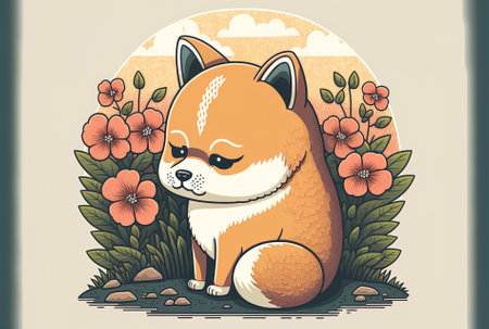 Cute shiba inu dog clutching cartoon artwork of an emblem with chubby cheeks. Animal nature lonelyの素材