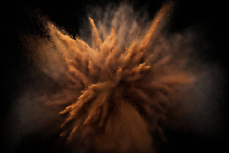 Explosion of abstract colored brown powder against a dark background. highly detailed textureの素材
