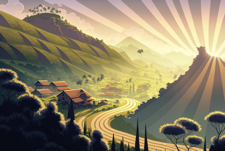 Long light rays flow over a valley as the sun rises over a hillside in a hamlet in Bali Indonesiaの素材