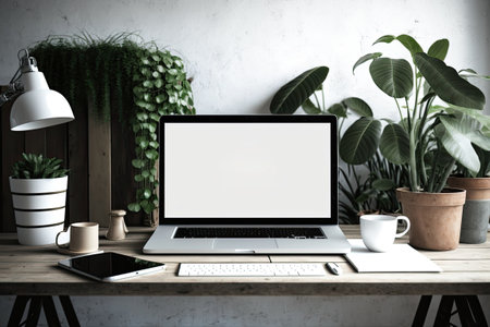 Laptop on office desk with plants and loft-style decorの素材