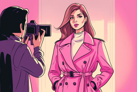 Girl in pink jacket with a smile proudly filming new fashion video for vlog while wearing heelsの素材