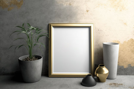 Square poster frame mockup on a concrete wall with gold pots. loft decor. Renovationsの素材