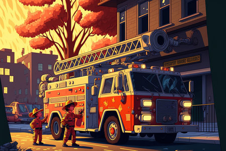 Near a fire engine firefighters put out a fire in a structure. artwork of a child. fire truckの素材