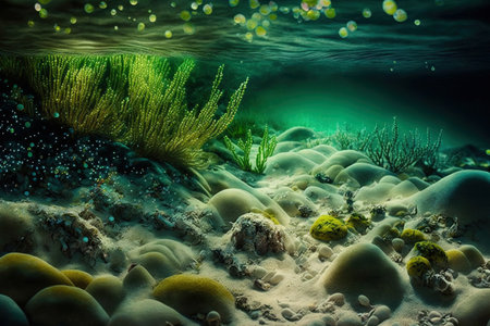 Underwater image of a seabed with fine sand and pebbles coated with algae. abstract oceanic backdropの素材