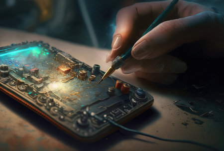 Master removes screws from smartphone electronic plates with a driver in order to fix it closeupの素材