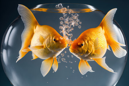 Two goldfish in love with bubbels in their hearts. taken using a 5D Mark III in a studioの素材