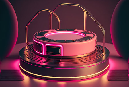 Scifi style modern circular product display podium with pink neon ring frame backgroundの素材