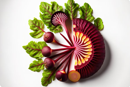 Inventive beetroot arrangement on a white background. Lay flat. notion of food. macro level ideaの素材