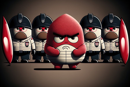 Extreme closeup of the Red Heart mascot in front of a police lineup or mugshot backgroundの素材
