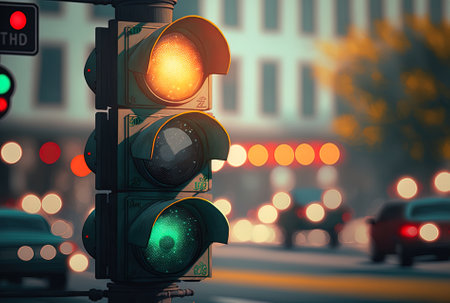 Traffic signal at a street intersection with a lovely bokeh city and automobiles in the distanceの素材