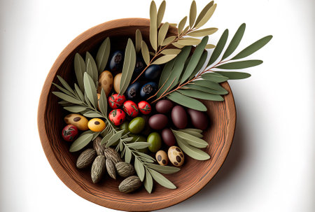 Various olives in a clay bowl with a top view of an olive tree branch and leaves on white woodの素材