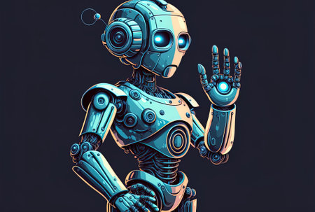 Robot with open hand of a cartoon figure that is powered by artificial intelligence or androidの素材